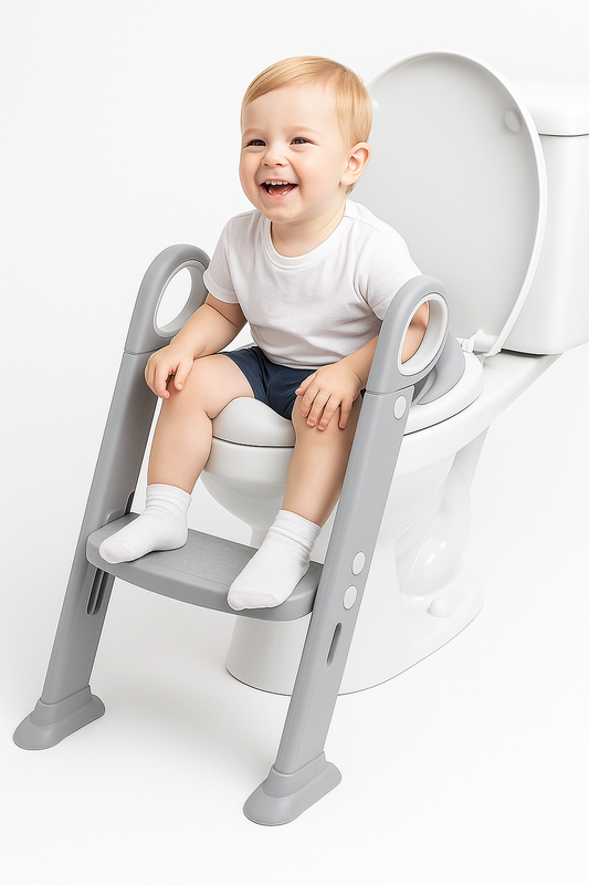 Baby toilet training seat with safety handles and step ladder on toilet