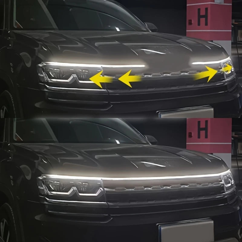 Dynamic LED car hood light strip in white and blue with flowing light effect, weatherproof and easy to install