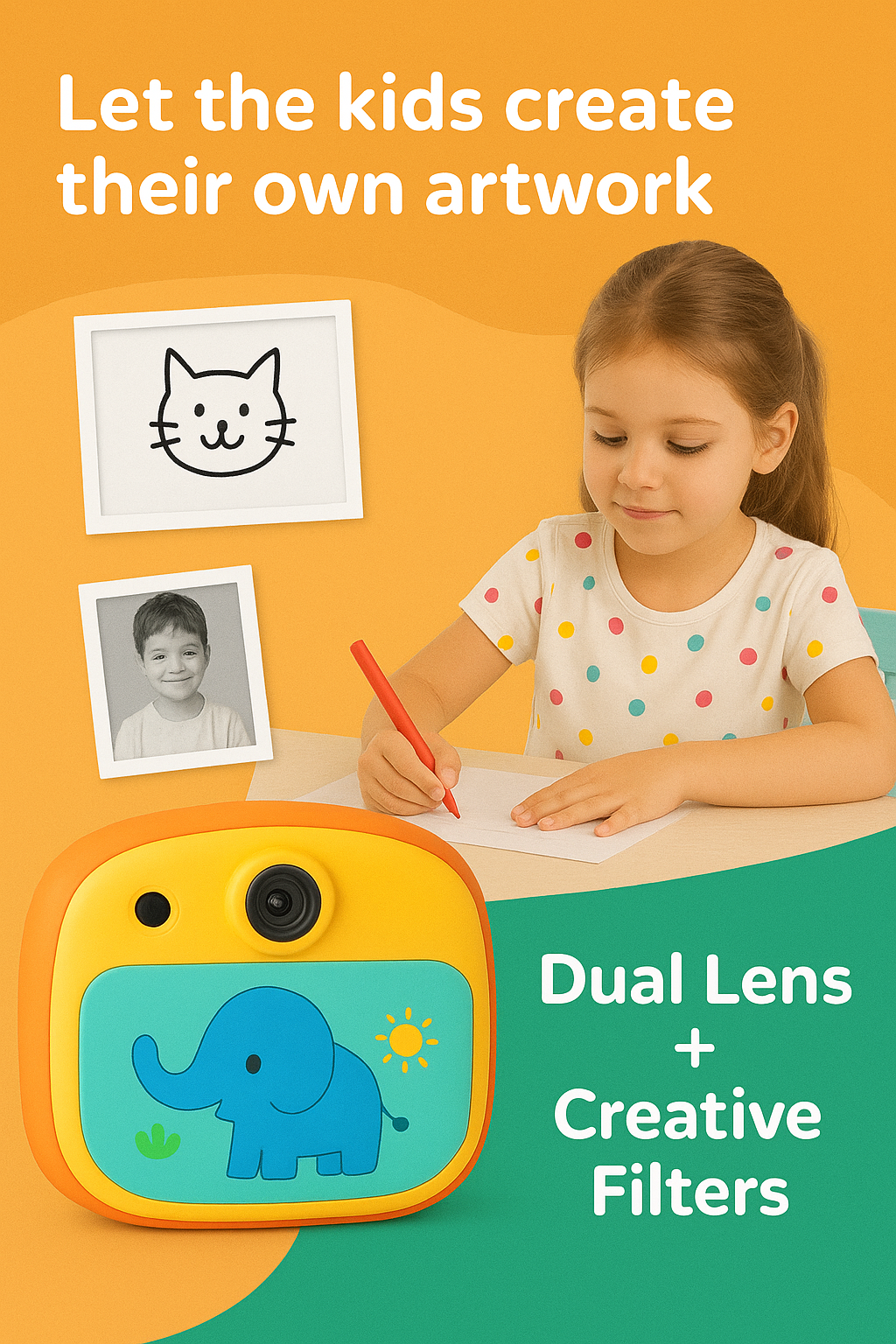 كاميرا طباعة فورية للأطفال - عدسة مزدوجة وفلاتر ممتعة