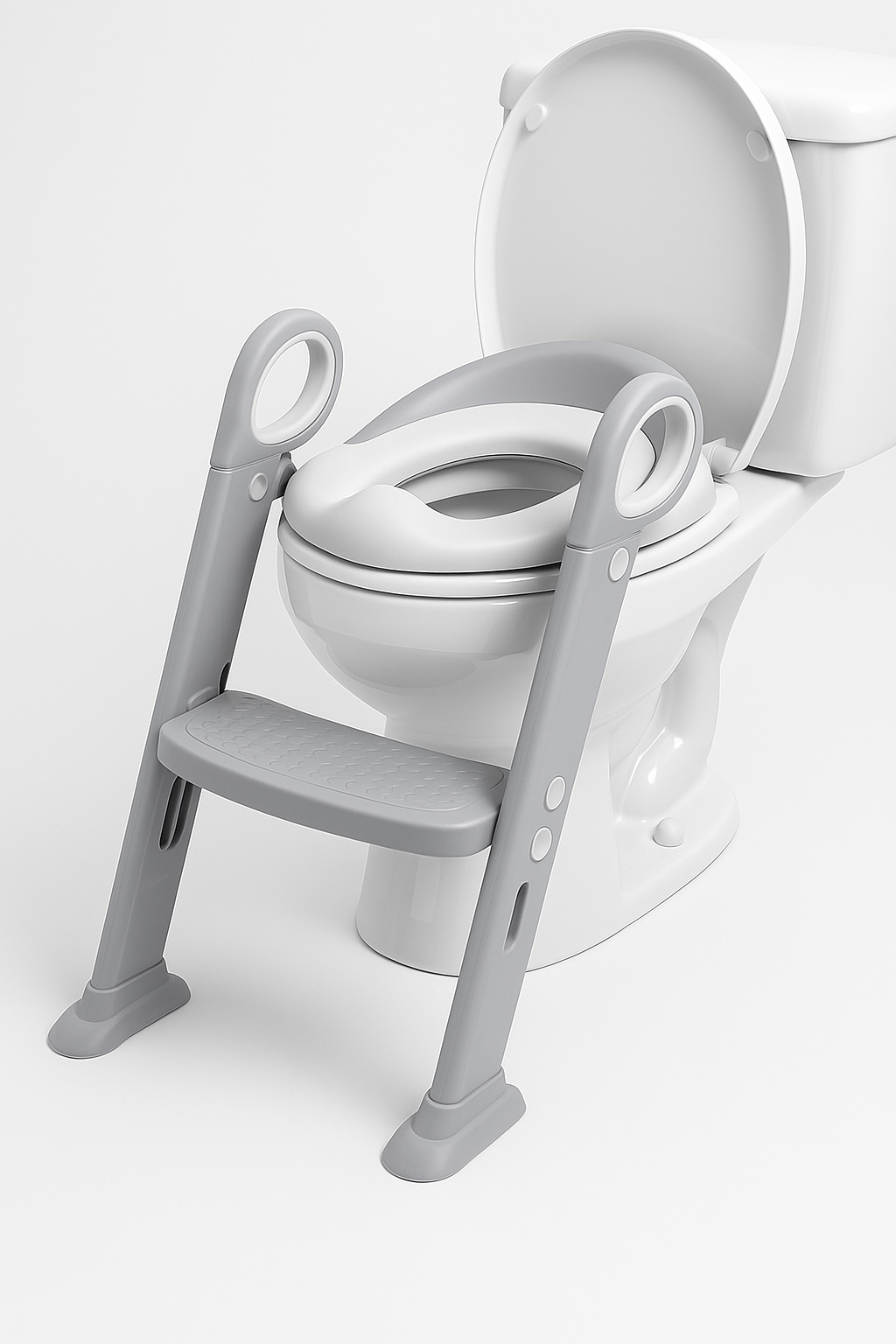 Baby potty training seat with safety handles and step ladder on toilet