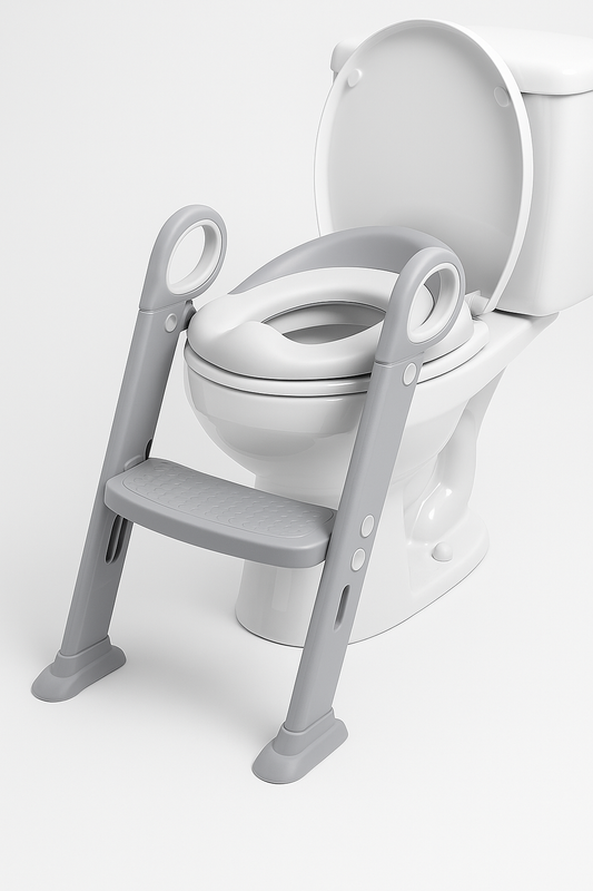 Baby potty training seat with safety handles and step ladder on toilet