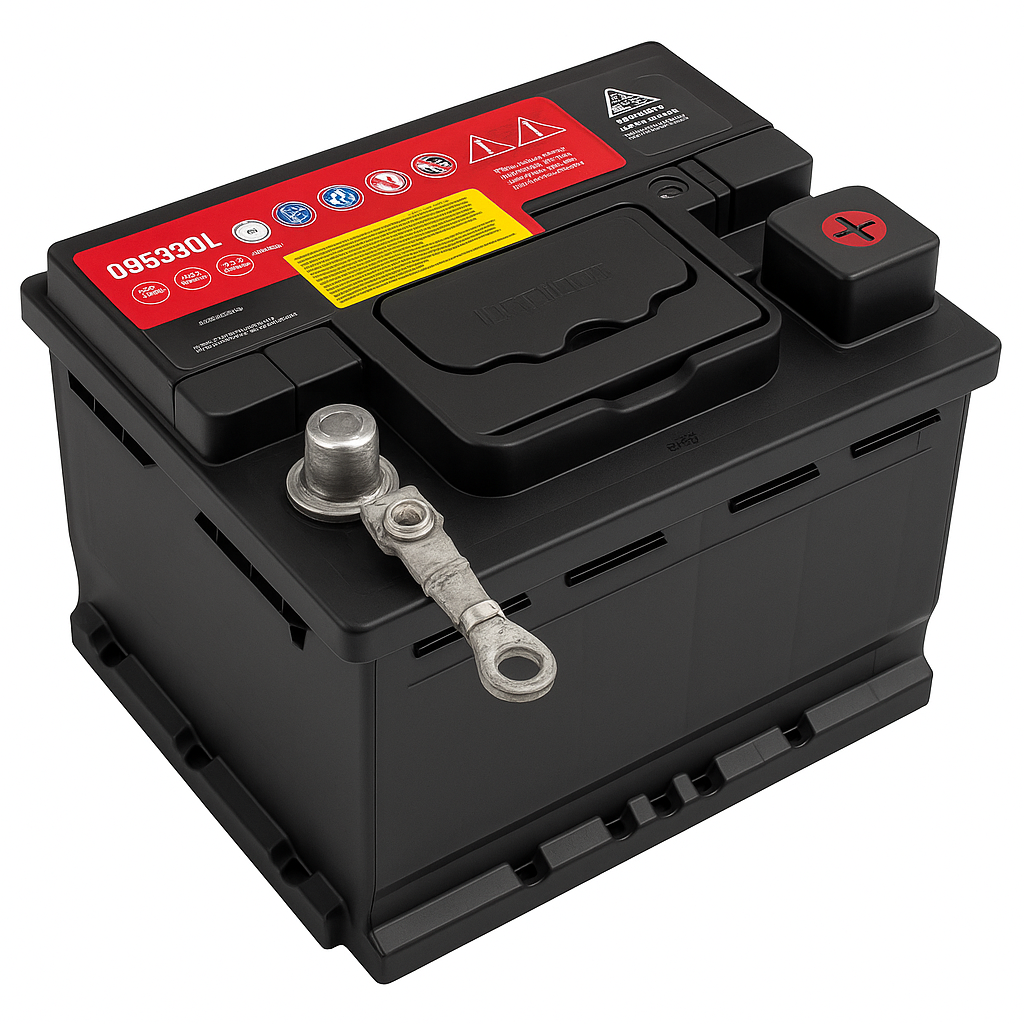 Car battery installed in engine bay, available in various models starting from QAR 250