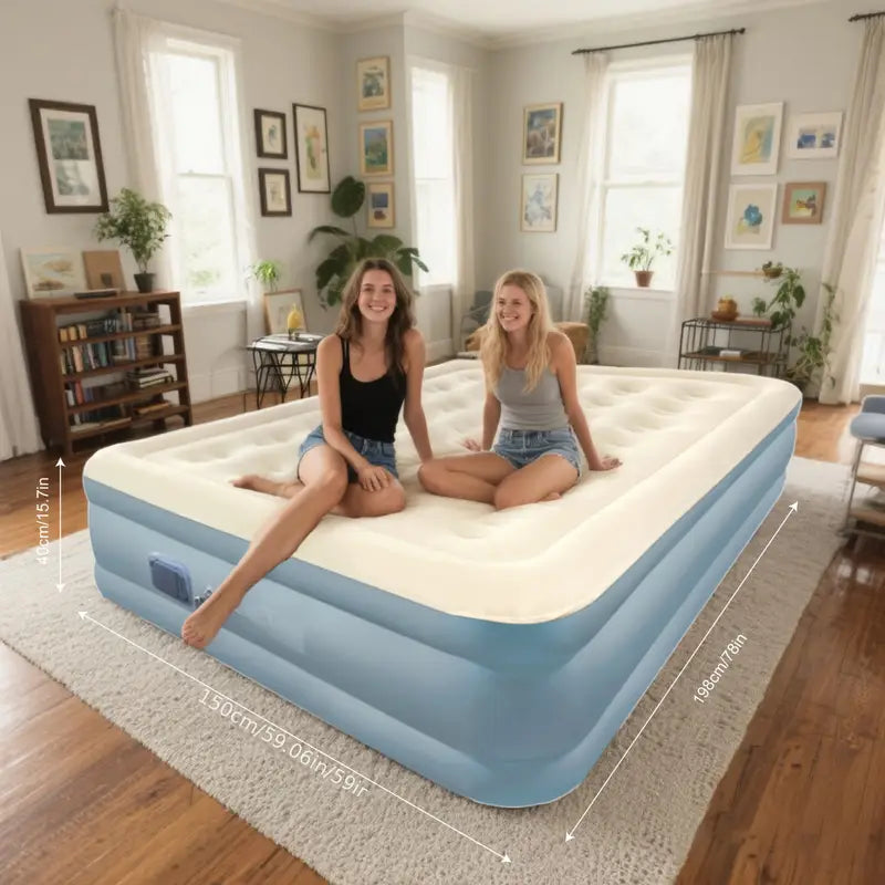 Double air bed with soft top and electric pump for home or camping